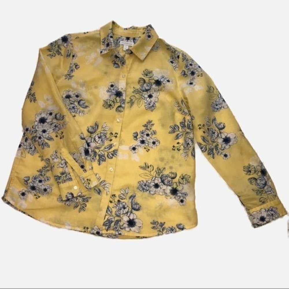 Linen Top Size S Button Front Floral Blue  Yellow Long Sleeve Summer Cottagecore